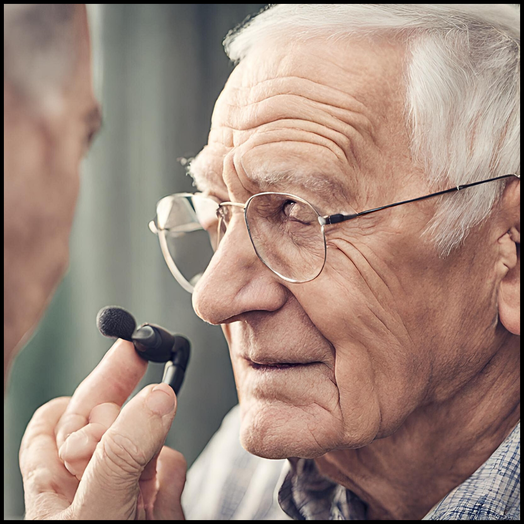 Older male looking at hearing aid
