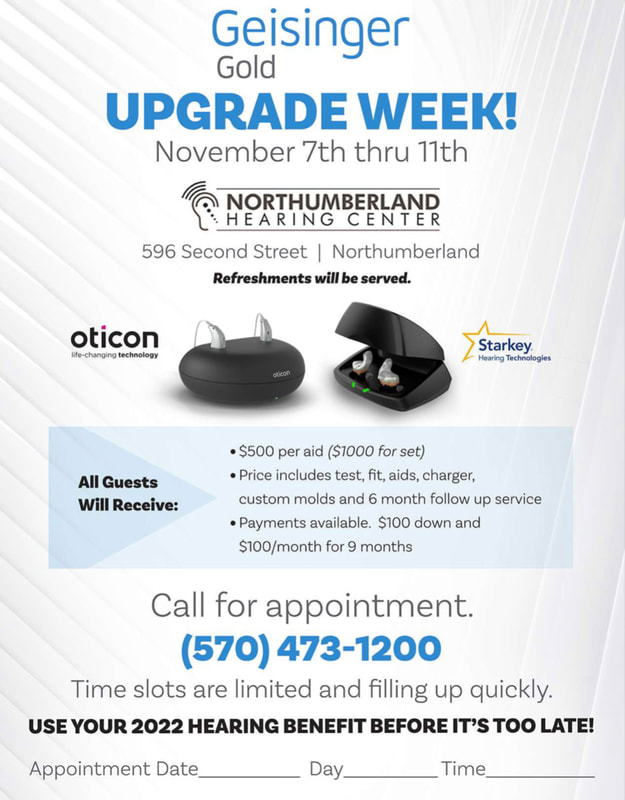 Ad_with_white_backdrop_and_blue_and_black_text_for_Geisinger_Gold_Upgrade_from_Northumberland_Hearing_Center_for_Oticon_and_Starkey_hearing_aids_call_for_an_appointment