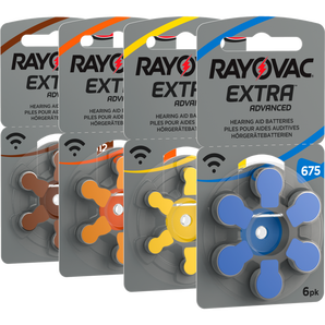 four packs of rayovac extra advanced hearing aid batteries with grey packaging