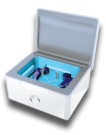 white hearing aid dryer box with blue uv disinfection light inside and a pair of behind the ear hearing aids
