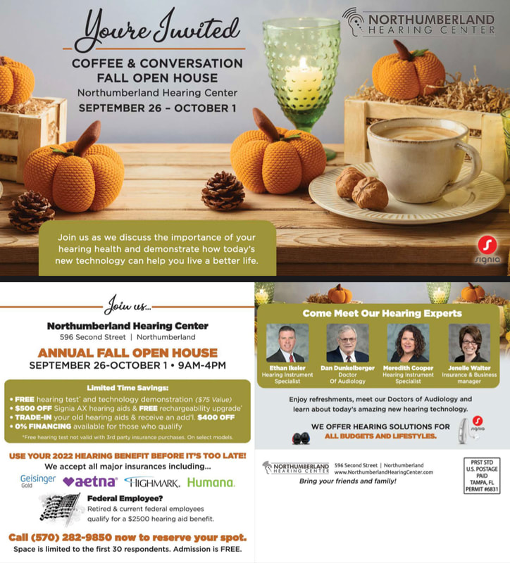 Northumberland_Hearing_Center_fall_open_house_invitation_autumn_tablescape_pumpkins_pine_cones_coffee_cup_saucer_accepted_insurace