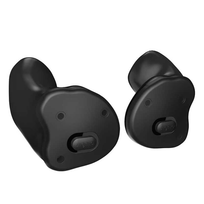 two black signia in-the-ear hearing aid receivers with customized molding for a secure fit