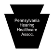 The Pennsylvania Hearing Healthcare Association logo is written in white typeface on a black keystone, with the phrase Pennsylvania Hearing Healthcare Association logo typed beside it in thin black text.