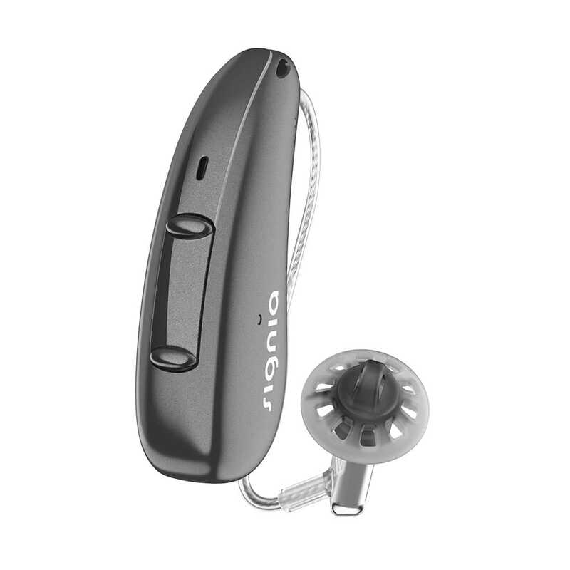 grey behind the ear hearing aid with dome receiver