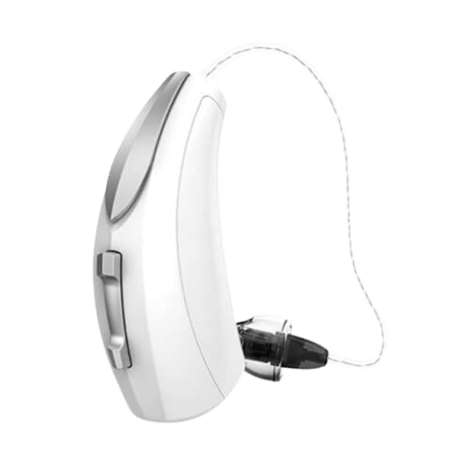 A Starkey behind the ear hearing aid in white with silver buttons and a dome receiver.