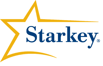A Starkey hearing aids logo featuring an open yellow star and navy blue text that spells 